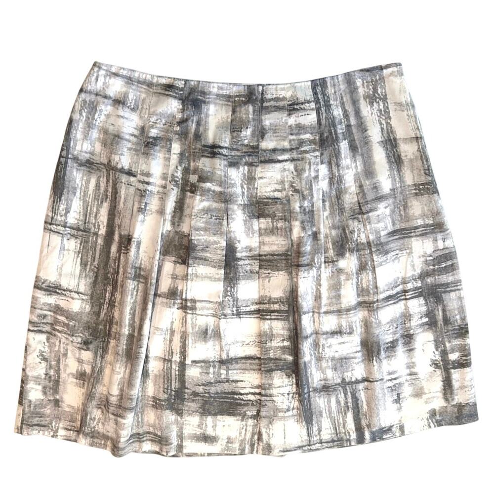 Chicos Grey Plaid Printed Skirt Womens Size 2 L Lined Pleated Work Wearable Art